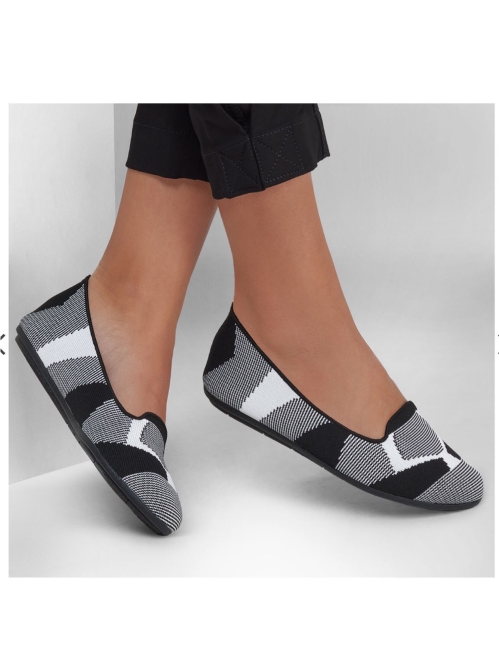 Sketchers Classic Black & White Plaid Knit Ballet Flats